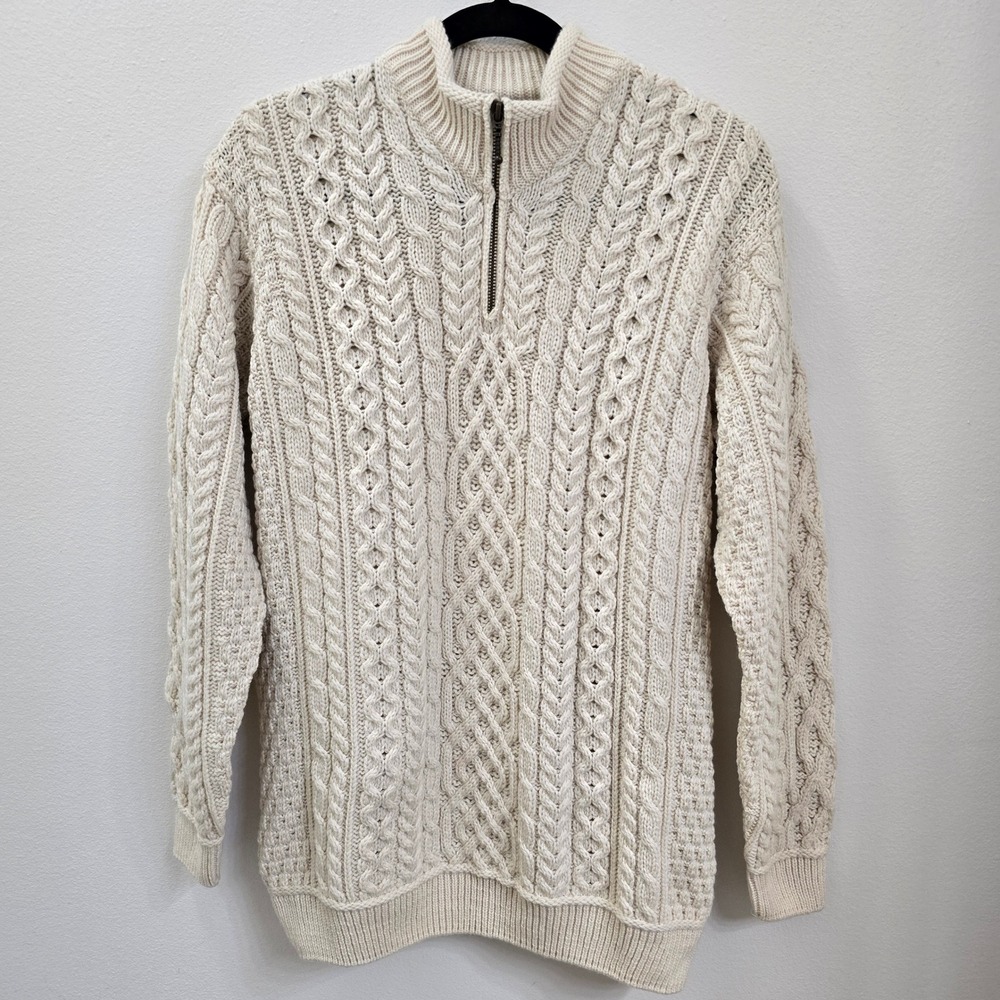 Blarney Woollen Mills Ireland Merino Wool Aran Cable Knit Quarter Zip Sweater XL